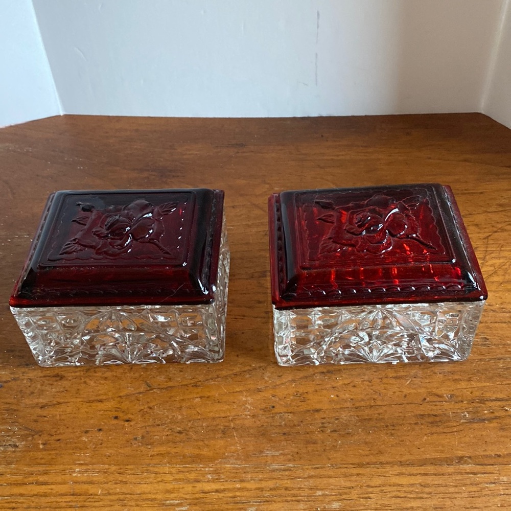 Antique set of 2 crystal cut glass trinket dishes with rose cranberry color lids